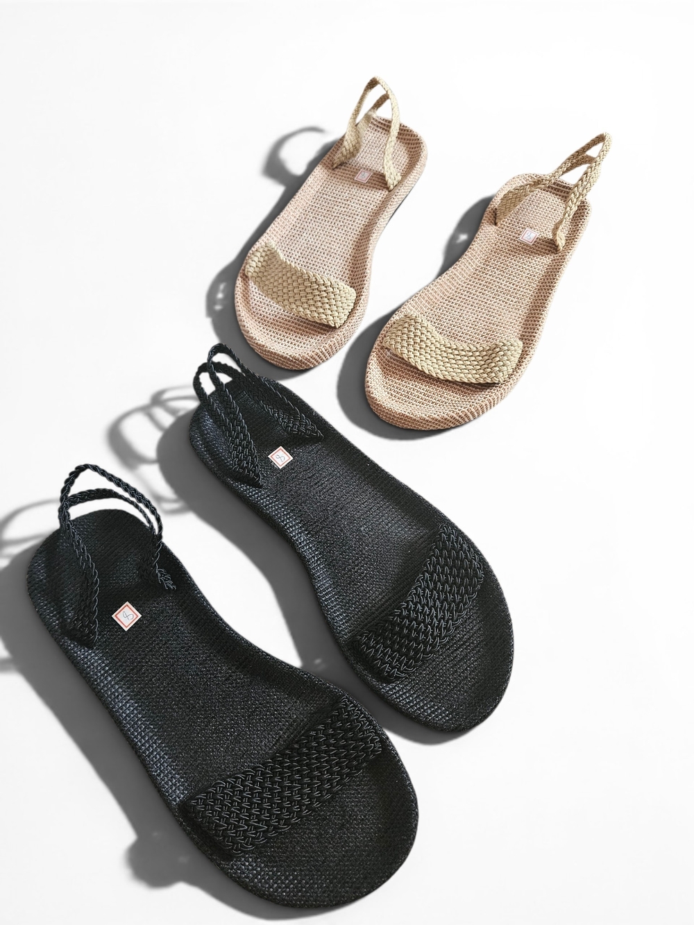 *2 Pairs* Woven Braided Straps Slingback Flat Sandals — Black/Beige Tan, Size 8